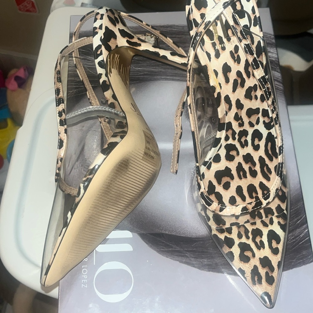 JLo clear mule heels leopard print